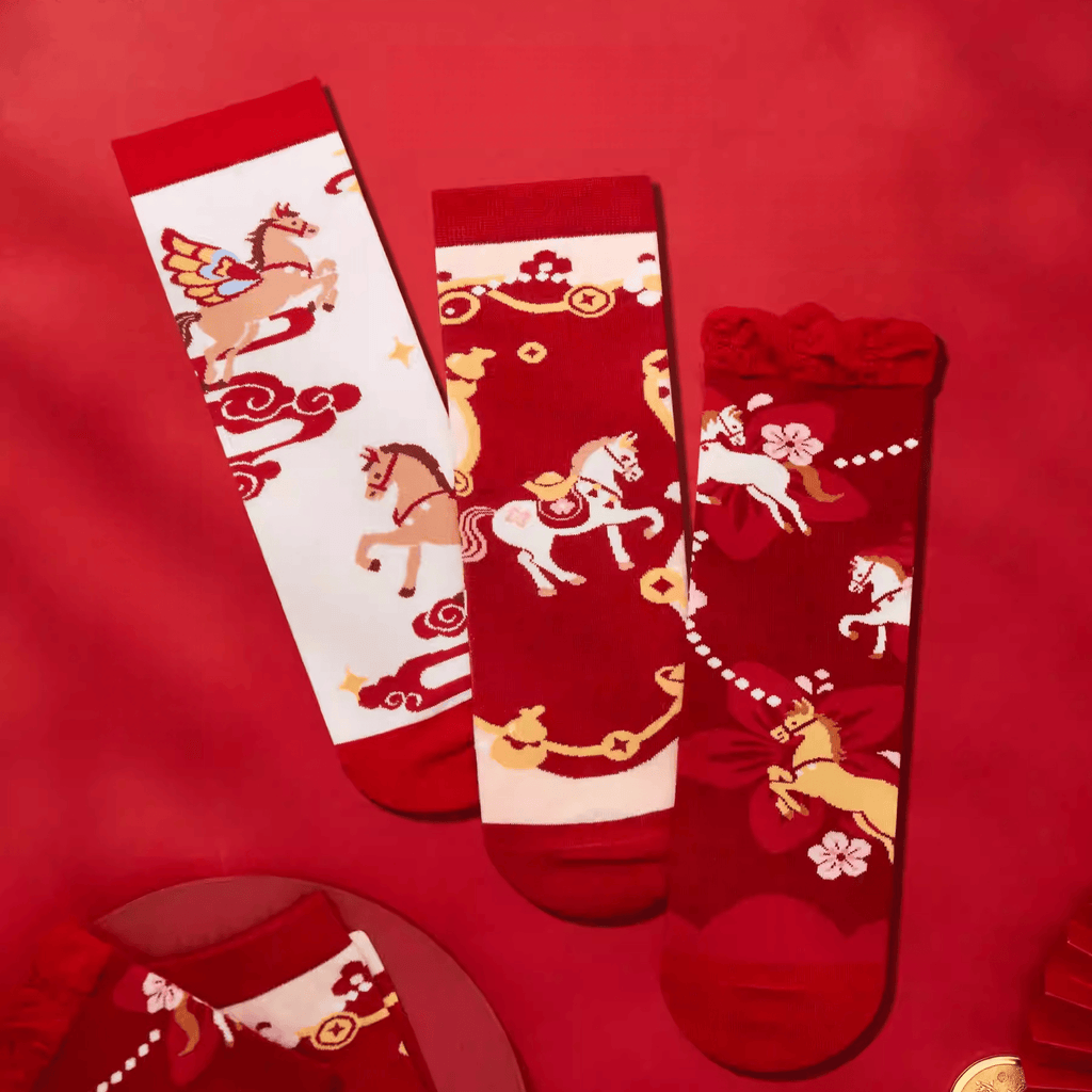 The Palace Museum Steed Treading Blossoms Red Sock Set