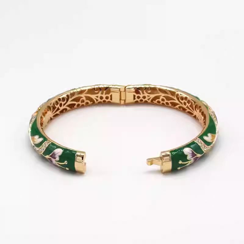 The Cloisonne Enameled Bangle with Double-Layer Push-Button Clasp Women's