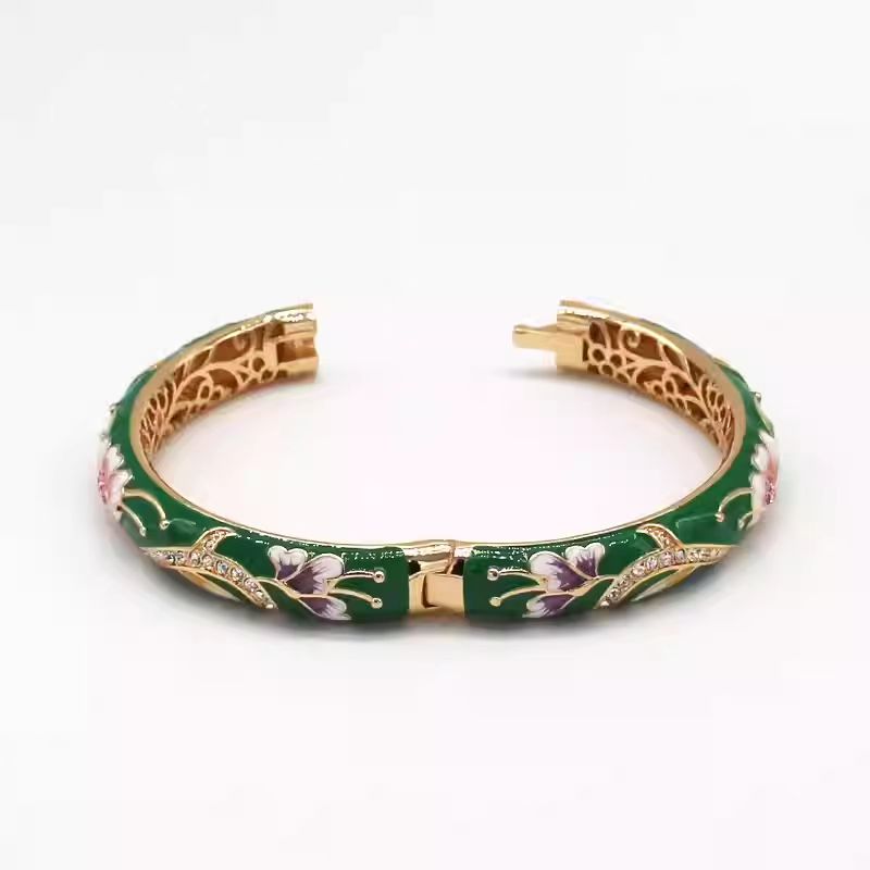 The Cloisonne Enameled Bangle with Double-Layer Push-Button Clasp Women's