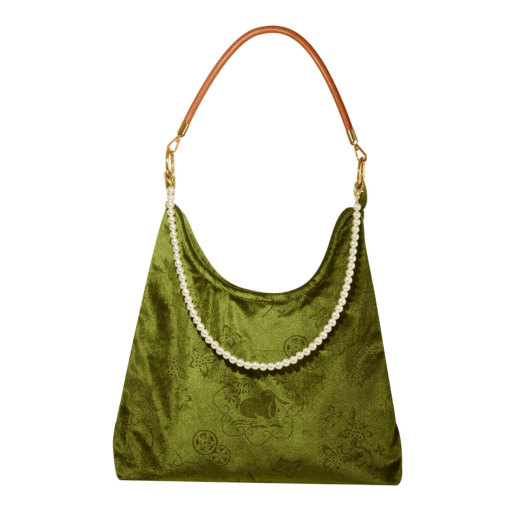 The Palace Museum Jade Rabbit Among Blossoms Velvet Shoulder Bag